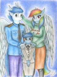 Size: 1644x2205 | Tagged: safe, artist:sinaherib, derpibooru import, rainbow dash, soarin', oc, oc:rainfall, anthro, breasts, clothes, family photo, female, male, offspring, parent:rainbow dash, parent:soarin', parents:soarindash, shipping, soarindash, straight, traditional art