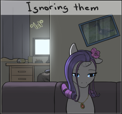 Size: 579x543 | Tagged: safe, artist:arareroll, rarity, oc, oc:anon, duck, human, pony, unicorn, ashtray, cans, cigarette, computer, desk, doing hurtful things, female, floppy ears, flower, flower in hair, jewelry, mare, necklace, picture, sad, solo