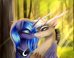 Size: 5000x3900 | Tagged: safe, artist:magnaluna, derpibooru import, discord, princess luna, alicorn, firefly (insect), pony, :p, absurd resolution, blushing, crepuscular rays, cute, discute, drool, drool string, eyes closed, eyeshadow, fangs, female, forest, hug, lunacord, male, mare, shipping, smiling, straight, tongue out, tree, winghug, younger