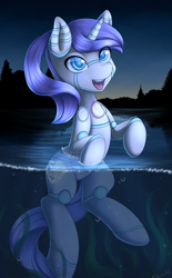 Size: 2585x4175 | Tagged: safe, artist:zodiacnicola, oc, oc only, oc:raribot, pony, robot, robot pony, night, solo, swimming, water