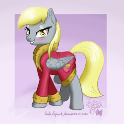 Size: 2500x2500 | Tagged: safe, artist:solarspark, derpy hooves, pegasus, pony, blushing, clothes, ear fluff, female, grin, mare, newbie artist training grounds, robe, smiling, solo