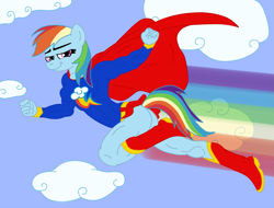 Size: 1687x1280 | Tagged: safe, artist:natter45, artist:ukwolfie, derpibooru import, rainbow dash, anthro, buff, clothes, costume, flying, muscles, parody, socks, supergirl, superhero, supermare, thigh highs, thighs, toned