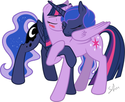 Size: 6780x5570 | Tagged: safe, artist:90sigma, artist:silfoe, derpibooru import, princess luna, twilight sparkle, twilight sparkle (alicorn), alicorn, pony, absurd resolution, blushing, colored, eyes closed, female, lesbian, mare, shipping, simple background, transparent background, twiluna