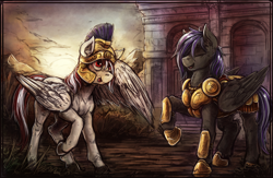 Size: 1600x1045 | Tagged: safe, artist:bantha, derpibooru import, oc, oc only, oc:rome silvanus, oc:toko yakkai, pegasus, pony, armor, helmet, multicolored hair, royal guard, tongue out