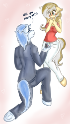 Size: 1086x1920 | Tagged: safe, artist:wickedsilly, oc, oc only, oc:golden goal, oc:winter solstice, anthro, unguligrade anthro, anthro oc, blushing, breasts, cleavage, couple, cute, female, male, marriage proposal, ring, straight, taktop, wedding ring, wintergoal