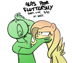 Size: 563x489 | Tagged: safe, artist:shoutingisfun, fluttershy, oc, oc:anon, human, pegasus, pony, alas poor yorick, duo, female, fluttershy is not amused, hamlet, impending doom, limited palette, male, mare, opinion, shakespeare, speech bubble, squishy cheeks, unamused