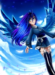 Size: 5000x6704 | Tagged: safe, artist:magnaluna, derpibooru import, princess luna, human, abstract background, absurd resolution, boots, clothes, cloud, cloudy, dress, feather, horned humanization, humanized, jewelry, necklace, night, sky, solo, starry hair, stars, winged humanization, wings