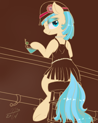 Size: 600x750 | Tagged: safe, artist:malwinters, coco pommel, alcohol, bar, bedroom eyes, clothes, dress, eyeshadow, hat, jewelry, looking at you, looking back, makeup, martini, necklace, newbie artist training grounds, short dress, sitting, smiling, solo, stool