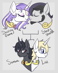 Size: 473x596 | Tagged: safe, artist:lulubell, derpibooru import, king sombra, oc, oc:dazzling gleam, oc:luz, oc:sturdy shield, pony, unicorn, duality, family tree