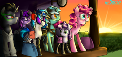 Size: 3000x1420 | Tagged: safe, artist:jedayskayvoker, dj pon-3, king sombra, lyra heartstrings, pinkie pie, sweetie belle, twilight sparkle, vinyl scratch, cyborg, earth pony, pony, unicorn, fanfic:everycyber, amputee, fanfic art, female, filly, prosthetics, raised hoof