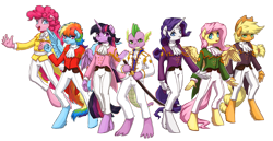 Size: 3275x1684 | Tagged: safe, artist:koviry, derpibooru import, applejack, fluttershy, pinkie pie, rainbow dash, rarity, spike, twilight sparkle, twilight sparkle (alicorn), anthro, earth pony, pony, anime, fashion, mane seven, mane six, sakura wars