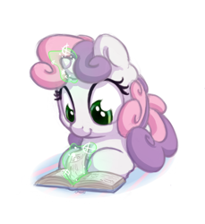 Size: 1100x1200 | Tagged: safe, artist:bobdude0, sweetie belle, pony, unicorn, book, cute, diasweetes, female, filly, looking at something, magic, prone, reading, simple background, smiling, solo, studying, sweetie belle's magic brings a great big smile, telekinesis, white background