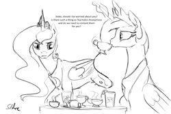 Size: 1280x853 | Tagged: safe, artist:silfoe, derpibooru import, princess celestia, princess luna, alicorn, pony, addiction, grayscale, levitation, magic, monochrome, royal sketchbook, sketch, tea