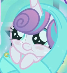 Size: 520x566 | Tagged: safe, screencap, princess flurry heart, pony, the times they are a changeling, baby, baby pony, blanket, blushing, cropped, cute, flurrybetes, swaddling