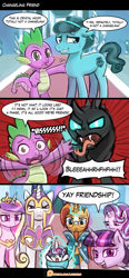 Size: 755x1631 | Tagged: safe, artist:lumineko, princess cadance, princess flurry heart, shining armor, spike, starlight glimmer, sunburst, thorax, twilight sparkle, twilight sparkle (alicorn), alicorn, changeling, dragon, pony, unicorn, in a nutshell, the times they are a changeling, blergh, comic, crystal hoof, disguise, disguised changeling, friendship, seems legit, yay