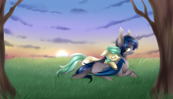 Size: 3000x1731 | Tagged: safe, artist:scarlet-spectrum, oc, oc only, oc:icy breeze, oc:straylight, bat pony, pony, biting, blood, commission, crossed hooves, eyes closed, grass field, resting, smiling, tree