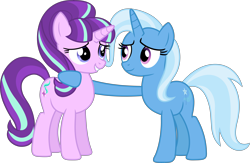 Size: 12302x8015 | Tagged: safe, artist:geometrymathalgebra, derpibooru import, starlight glimmer, trixie, pony, unicorn, the cutie map, absurd resolution, cute, eye contact, female, grin, heartwarming in hindsight, hilarious in hindsight, hug, lesbian, lidded eyes, looking at each other, mare, shipping, simple background, smiling, startrix, transparent background, vector