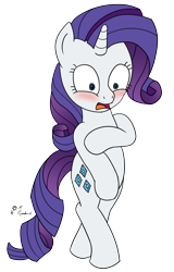 Size: 800x1248 | Tagged: safe, artist:mkogwheel, derpibooru import, rarity, pony, unicorn, make new friends but keep discord, assisted exposure, bipedal, blushing, clothing theft, covering, covering crotch, embarrassed, humiliation, naked rarity, nudity, open mouth, simple background, solo, transparent background, we don't normally wear clothes