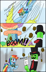 Size: 2132x3322 | Tagged: safe, artist:ciriliko, rainbow dash, pegasus, pony, atomic rainboom, backwards cutie mark, clothes, comic, creeper, crossover, gentleman, hat, minecraft, monocle, necktie, suit, top hat