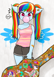 Size: 1535x2168 | Tagged: safe, artist:sigpi, derpibooru import, rainbow dash, anthro, pegasus, ambiguous facial structure, bubblegum, clothes, cute, dashabetes, female, guitar case, mare, shorts, solo, tanktop