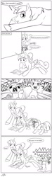 Size: 565x1920 | Tagged: safe, artist:silfoe, derpibooru import, princess cadance, shining armor, twilight sparkle, alicorn, pony, unicorn, face paint, feather, glowing horn, grayscale, headband, monochrome, open mouth, prank fail, royal sketchbook, tickling, younger