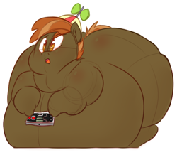 Size: 642x559 | Tagged: safe, artist:secretgoombaman12345, button mash, bhm, button smash, colored, controller, fat, hat, huge butt, impossibly large butt, large butt, morbidly obese, nintendo, nintendo entertainment system, obese