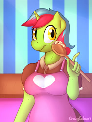 Size: 1200x1600 | Tagged: safe, artist:timidwithapen, oc, oc only, oc:emerald cook, anthro, unicorn, apron, breasts, clothes, dress, female, heart, spoon, transgender