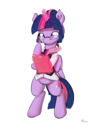 Size: 1250x1625 | Tagged: safe, artist:alasou, derpibooru import, twilight sparkle, twilight sparkle (alicorn), alicorn, pony, alternate hairstyle, bipedal, book, bottomless, clothes, cute, female, glasses, levitation, magic, mare, necktie, quill, shirt, simple background, solo, telekinesis, transparent background, twiabetes, vest