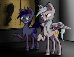 Size: 1023x790 | Tagged: safe, artist:steel-breeze, oc, oc only, pegasus, pony, unicorn, size difference, weapon