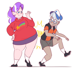 Size: 870x787 | Tagged: safe, artist:secretgoombaman12345, diamond tiara, silver spoon, human, ask chubby diamond, butt bump, butt to butt, butt touch, chubby, clothes, costume, dipper pines, fat, gravity falls, humanized, mabel pines