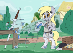 Size: 1280x926 | Tagged: safe, artist:discorded, artist:pirill, derpy hooves, pegasus, pony, bipedal, clothes, female, fencing, greatsword, mare, newbie artist training grounds, ponyville, pun, solo, sword, visual pun, weapon, zweihander