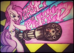 Size: 1024x734 | Tagged: safe, artist:canvymamamoo, derpibooru import, pinkie pie, earth pony, pony, graffiti, minigun, pinkamena diane pie, ponies with guns, solo, traditional art