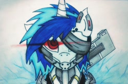 Size: 2000x1321 | Tagged: safe, artist:canvymamamoo, derpibooru import, dj pon-3, vinyl scratch, pony, unicorn, armor, crossover, konami, metal gear, metal gear rising, raiden, solo, sword, traditional art, video game