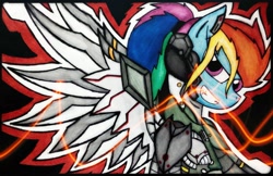 Size: 2000x1297 | Tagged: safe, artist:canvymamamoo, derpibooru import, rainbow dash, pegasus, pony, armor, crossover, jetstream sam, konami, metal gear, metal gear rising, solo, traditional art, video game