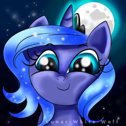 Size: 1000x1000 | Tagged: safe, artist:lunar-white-wolf, princess luna, alicorn, pony, filly, looking at you, moon, smiling, solo, stars, woona