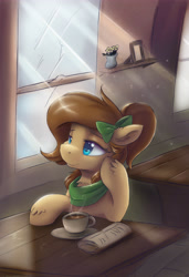 Size: 3900x5700 | Tagged: safe, artist:ardail, oc, oc only, oc:mocha latte, pony, absurd resolution, clothes, crepuscular rays, cup, cute, female, food, hot chocolate, mare, morning ponies, newspaper, plate, scarf, smiling, solo