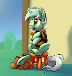 Size: 3191x3395 | Tagged: safe, artist:nadnerbd, derpibooru import, lyra heartstrings, pony, unicorn, fanfic:background pony, clothes, female, hoodie, lyre, mare, open mouth, saddle bag, sitting, sitting lyra, solo, stool, underhoof