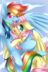 Size: 3000x4500 | Tagged: safe, artist:scarlet-spectrum, fluttershy, rainbow dash, pegasus, pony, absurd resolution, arm around neck, cloud, colored pupils, cute, dashabetes, eye clipping through hair, female, floppy ears, flutterdash, flying, hug, lesbian, mare, one eye closed, open mouth, selfie, shipping, shyabetes, sky, smiling, spread wings, wings