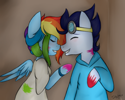 Size: 1000x800 | Tagged: safe, artist:shulmix, derpibooru import, rainbow dash, soarin', anthro, female, happy, male, nuzzling, paint, paint on fur, shipping, soarindash, straight