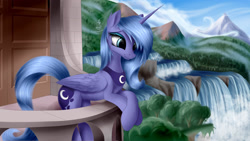 Size: 2560x1440 | Tagged: safe, artist:aurelleah, princess luna, alicorn, pony, :3, balcony, chest fluff, cute, ear fluff, female, forest, happy, looking away, lunabetes, mare, river, s1 luna, scenery, sky, smiling, solo, water, waterfall