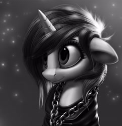 Size: 4187x4349 | Tagged: safe, artist:sceathlet, princess celestia, alicorn, pony, absurd resolution, alternate hairstyle, bust, chains, clothes, cute, cutelestia, female, floppy ears, grayscale, mare, monochrome, punklestia, realistic, shirt, short hair, sitting, smiling, solo