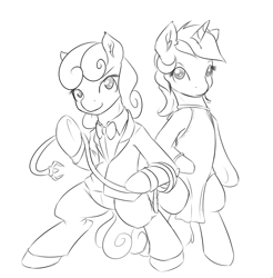 Size: 751x762 | Tagged: safe, artist:alasou, derpibooru import, bon bon, lyra heartstrings, sweetie drops, earth pony, pony, unicorn, slice of life (episode), bipedal, bon bond, clothes, dress, duo, duo female, female, monochrome, secret agent sweetie drops