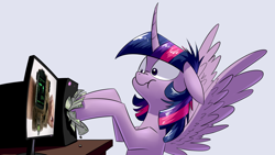 Size: 1280x720 | Tagged: safe, artist:underpable, derpibooru import, edit, twilight sparkle, twilight sparkle (alicorn), alicorn, pony, :t, computer, derp, derpin daily, exploitable meme, fallout 4, female, floppy ears, mare, meme, messy mane, money, pipboy, scrunchy face, shut up and take my money, solo, spread wings, wide eyes