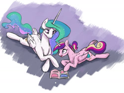 Size: 1280x960 | Tagged: safe, artist:silfoe, derpibooru import, princess cadance, princess celestia, alicorn, pony, comic, cute, duo, female, mare, missing accessory, open mouth, prone, royal sketchbook, smiling, teen princess cadance, younger