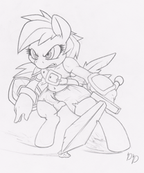 Size: 832x1000 | Tagged: safe, artist:dfectivedvice, derpibooru import, rainbow dash, anthro, belly button, grayscale, midriff, monochrome, simple background, sword, traditional art