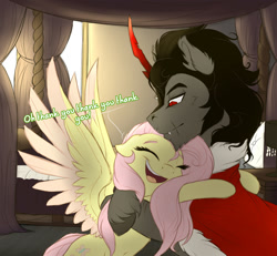 Size: 900x833 | Tagged: safe, artist:evehly, derpibooru import, fluttershy, king sombra, pegasus, pony, bedroom, bipedal, colored wings, colored wingtips, cute, eyes closed, female, fluffy, hug, male, scar, shipping, shyabetes, smiling, sombrashy, spread wings, straight, unshorn fetlocks