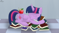 Size: 4872x2741 | Tagged: safe, artist:mkogwheel, derpibooru import, twilight sparkle, twilight sparkle (alicorn), alicorn, pony, princess spike (episode), apple, book, book nest, candle, female, hay, mare, princess sleeping on books, sleeping, solo, that pony sure does love books, tired twilight
