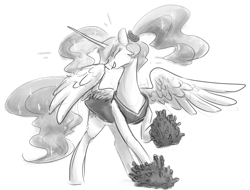 Size: 1235x939 | Tagged: safe, artist:nobody, princess celestia, alicorn, pony, alternate hairstyle, cheerleader, clothes, cute, cutelestia, dress, monochrome, pigtails, pom pom, solo, spread wings