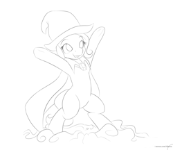 Size: 946x816 | Tagged: safe, artist:alasou, derpibooru import, trixie, pony, unicorn, cape, clothes, female, hat, mare, monochrome, sketch, solo, trixie's cape, trixie's hat