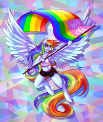 Size: 1280x1520 | Tagged: safe, artist:fatcakes, derpibooru import, rainbow dash, anthro, pegasus, unguligrade anthro, armpits, banner, belly button, bike shorts, clothes, flag, flying, gay pride, gay pride flag, lesbian pride flag, long hair, long tail, lovewins, midriff, murica, pride, rainbow, solo, sports bra, spread wings, tanktop
